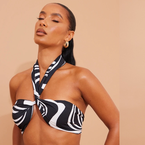 Pretty Little Thing Black Swirl Print Halterneck Bandeau Crop Top - Picture 1 of 11